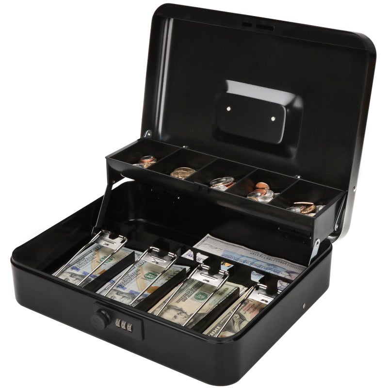 Jssmst Locking Large Metal Cash Box with Money Tray, Money Box with Combination Lock, Black - Image 1